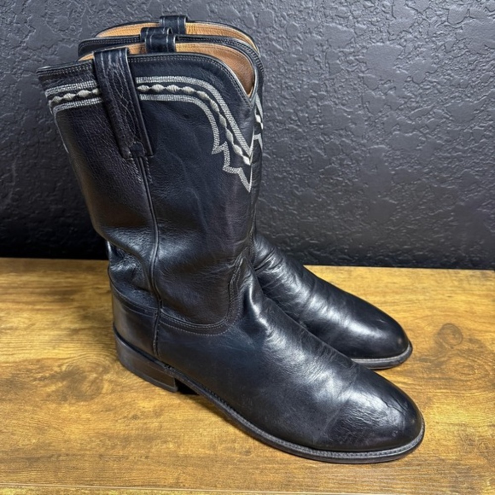Lucchese 2000‎ T0010C2 Black Leather Western Cowboy Boots Mens 10 D